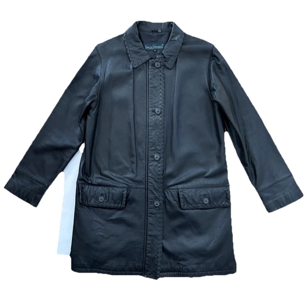 Harve Bernard Genuine Super Soft Leather Long Black Button Up Jacket Size Medium
